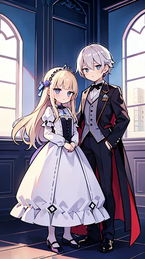 A princess with long platinum blonde hair and blue eyes,A silver-haired, purple-eyed boy who is a servant,Two people standing side by side