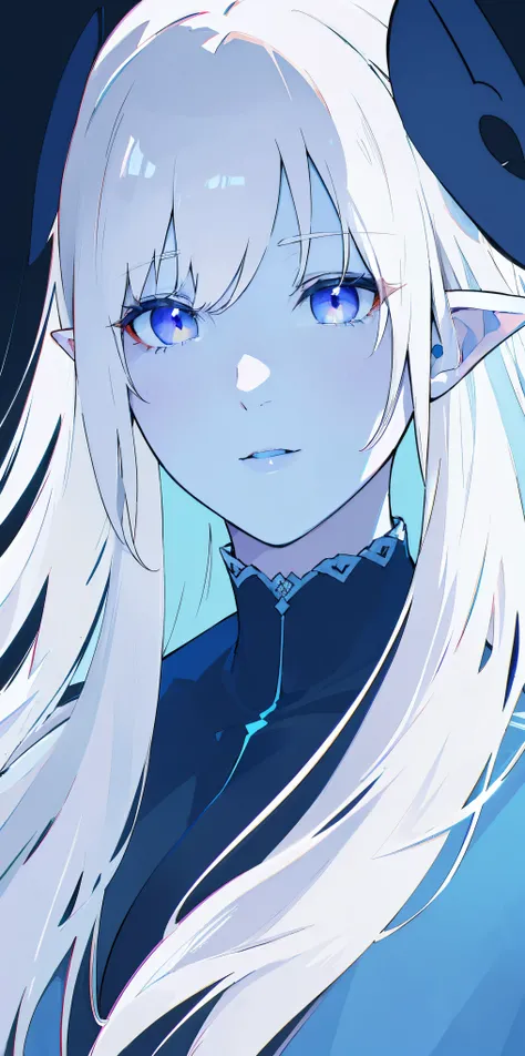 Big, blue skin color, white hair, blue ayes, pointy ears, hyper realistic, ultra detail, high res