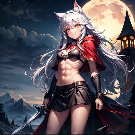 cloud, cloudy sky, sky, night moon, mountain, moon, outdoors, city, scenery, lightning, twilight, moonlight, horizon, big wolf behind a girl, monster, sharp teeth, no humans, building, fantasy, little Red Riding Hood, sword,1girl, extremely detailed 8K wal...