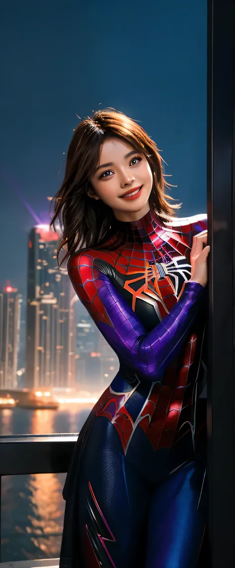 Young Girl, Short Brown Hair with a Striking Purple Glint,
Spider-Man 2099-inspired Shape exuding a Radiant Smile,
Cobwebs delicately draped, creating a captivating connection with the surroundings,
A Masterpiece of high quality, crafted with intricate det...