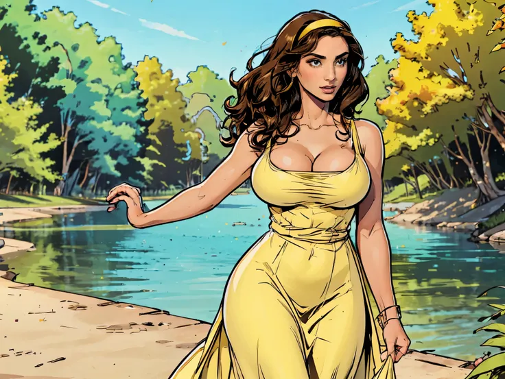 Gorgeous and sultry busty athletic (thin) brunette with sharp facial features and a (large nose) and (huge boobs) wearing a pale yellow sundress, hairband, long dress, skindentation, cleavage, park, lake, picnic