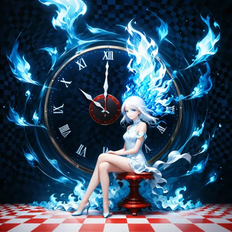 (red and white checkered background:1.2),checkered background,surrealist style,(depicting (((blue fire))) Elemental concept designed:1.2),(full_shot:1.2),space warp background,(clock_background:1.3),
BREAK
(long white hair:1.4),(white eyes:1.2),(white mech...