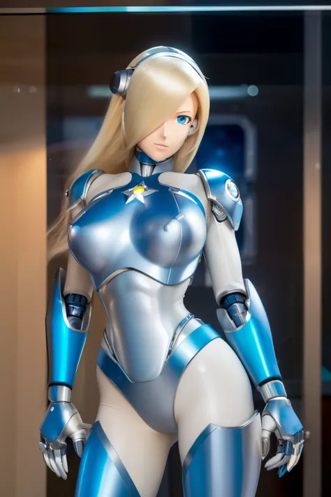 ultra detailed of a woman cyborg, 1girl, (natural skin texture, realistic eye details:1.2) rosalina, alone, breasts, blue eyes, blonde hair, Android, long hair, robot ears, stand at attention, cameltoe, display case, inside glass box, artwork, high quality...