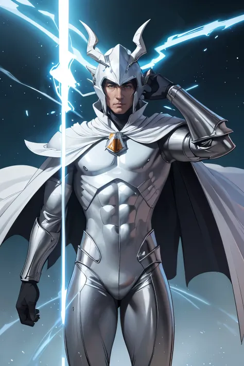 , cartoon,,best quality, 8k, best quality, ultra-detailed , 8K, HD,In his Judge form,has a helmet with three horns that resemble thunders that flares out behind his back and a silvery white bodysuit with a cape,male,armor