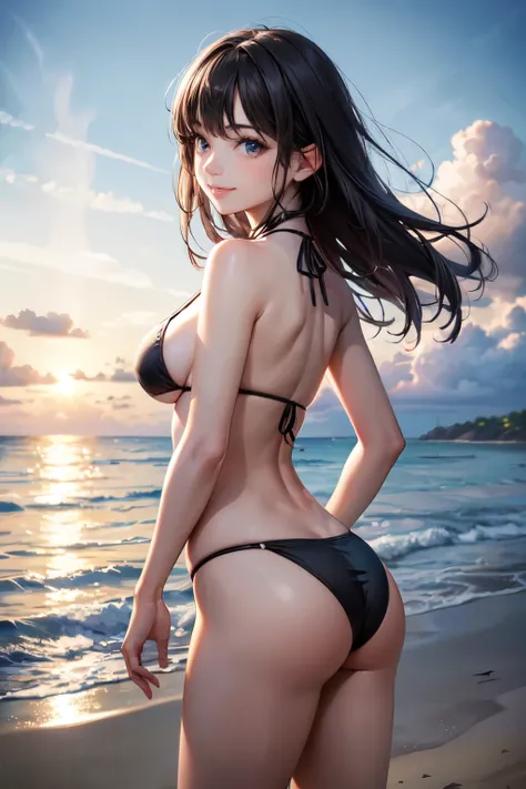 very cute and beautiful girl,(highly detailed beautiful face and eyes),black bikini,
standing,(looking back,from behind),(leaning forward),looking at viewer,beach,tropical resort hotel,(smile),black hair,
(best quality,masterpiece),absurdres,highres,ultra-...