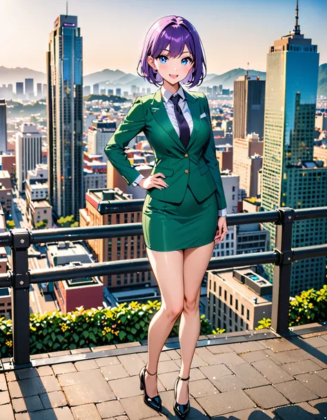 masterpiece, best quality, highres, 1girl, solo, green suit and tie, pencil skirt, miniskirt, bare legs, matching shoes, looking at viewer, city backdrop, perfect hands, perfect eyes, perfect legs, perfect arms, perfect fingers, medium breasts, standing, p...