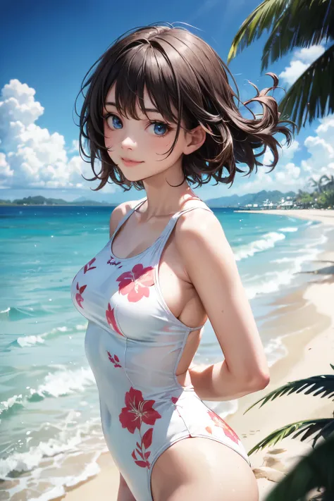 very cute and beautiful girl,(highly detailed beautiful face and eyes),one-piece floral print white swimsuit,
standing,arms behind back,looking at viewer,beach,tropical resort hotel,(smile),black hair,
(best quality,masterpiece),absurdres,highres,ultra-det...