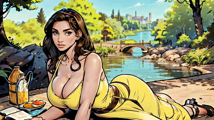 Gorgeous and sultry busty athletic (thin) brunette with sharp facial features and a (large nose) and (huge boobs) wearing a pale yellow sundress, hairband, long dress, skindentation, cleavage, park, lake, picnic