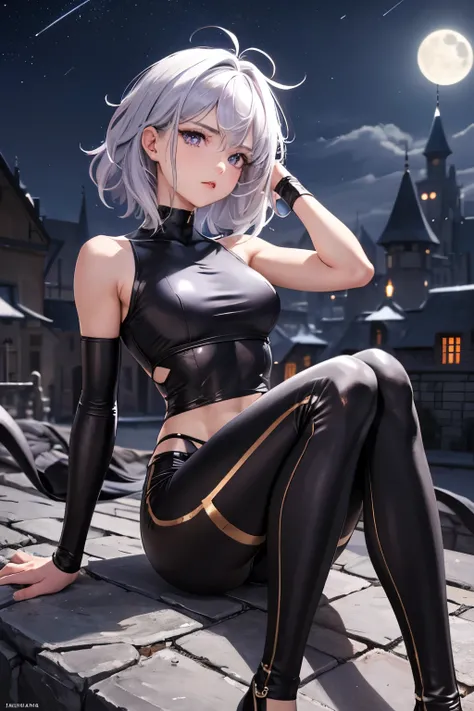 best quality, super fine, 16k, incredibly absurdres, extremely detailed, delicate and dynamic, cute boyish goddess, short bouncy silver messy hair, captivating look, aroused expression, purple eyes, thin flat body line, black ninja-like outfit, cropped shi...