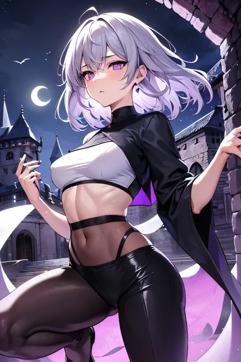 best quality, super fine, 16k, incredibly absurdres, extremely detailed, delicate and dynamic, cute boyish goddess, short bouncy silver messy hair, captivating look, aroused expression, purple eyes, thin flat body line, black ninja-like outfit, cropped shi...