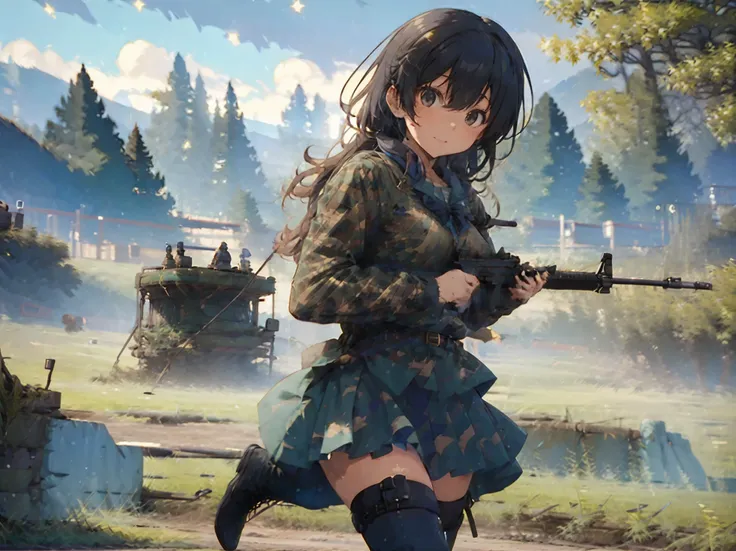 school girl with a rifle、1 team、 in forest camouflage miniskirt uniform、dark brown military boots、hold the rifle and aim at the ...