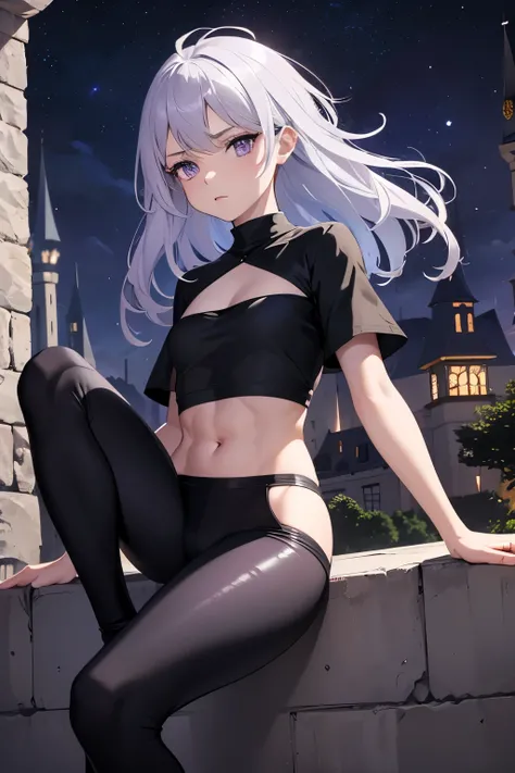 best quality, super fine, 16k, incredibly absurdres, extremely detailed, delicate and dynamic, cute boyish goddess, short bouncy silver messy hair, captivating look, aroused expression, purple eyes, (thin flat body line:1.3), black ninja-like outfit, cropp...