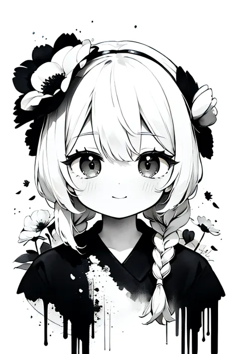 solo,1female\(chibi,cute,kawaii,age of 10,hair color white,braid hair,messy hair,eye color gray,big eyes,white skin,(monochrome:...