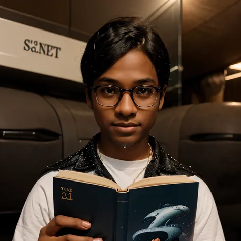 Brown eyes ,dark-skinned boy with glasses with black hair and a book hairstyle with whales and sparkles coming out of his head 