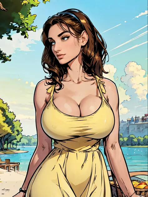 Gorgeous and sultry busty athletic (thin) brunette with sharp facial features and a (large nose) and (huge boobs) wearing a pale yellow sundress, hairband, long dress, skindentation, cleavage, park, lake, picnic