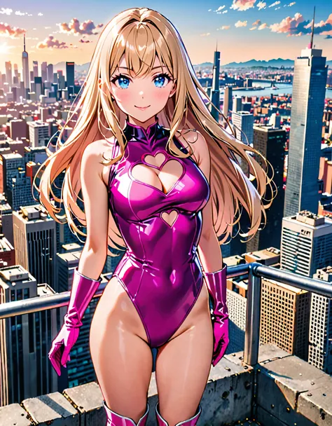 masterpiece, best quality, highres, 1girl, solo, superhero, leotard, bare legs, matching boots, sleeveless, looking at viewer, city backdrop, perfect hands, perfect eyes, perfect leotard, perfect legs, perfect arms, perfect fingers, medium breasts, pink le...