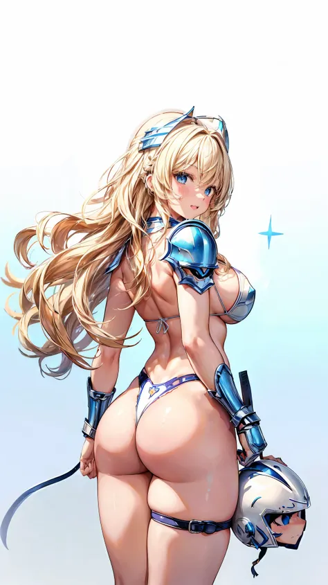 (Adult female:1.5)、Very detailed、highest quality、Best image quality、masterpiece、8k、Anime Face、A kind smile、(Open your mouth:1.3)、Sparkling blue eyes、(Blonde Wavy Hair:1.5)、Muscles of the whole body、(highleg:1.5)、Thigh belt、(Wearing white bikini armor:1.5)、...