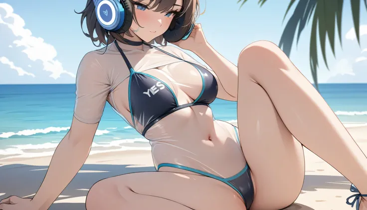 ((Top Quality)), ((Masterpiece)), (Detail), perfect face, sitting on the beach, listening to music, girl, wearing headphones, wearing swimsuit, swimsuit is transparent, sitting with legs spread, wearing tight clothes Yes , buttocks and breasts are exposed.