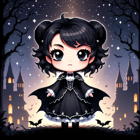 Bright epic professional (cute cartoon pixel illustration:1.2), (masterpiece in maximum 16K resolution, superb quality, ultra detailed:1.3), close-up of a black and white vampire lady amidst the silhouetted Gothic world of black at night, sparkles.
