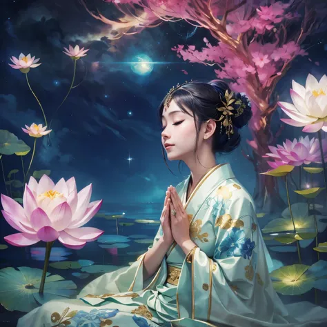 highest quality，masterpiece：1.2，Detailed explanation，The beautiful young goddess gently closed her eyes，Smiling Kindly. She is doing prayer meditation with folded hands. She was wearing a white kimono with stars shining in the blue night sky., You are sitt...