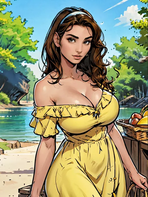 Gorgeous and sultry busty athletic (thin) brunette with sharp facial features and a (large nose) and (huge boobs) wearing a pale yellow off-shoulder ruffled sundress, hairband, long dress, skindentation, cleavage, park, lake, picnic