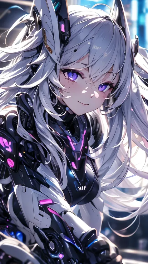 silver hair, hair between eyes, sidelocks, facepaint, hairpods, purple eyes, nervous smile, cinematic lighting, uhd, (super deta...