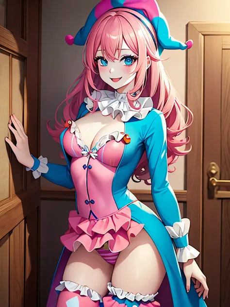 1 girl, pale skin, long hair, blue eyes, smiling, happy, curly pink hair, sexy clown fashion, sexy clown costume, colorful clothes, hands behind her back, perched chest
It is at the entrance of a house