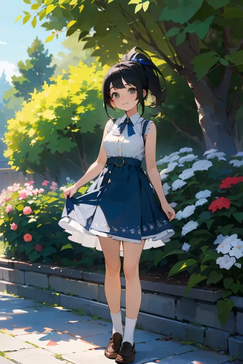 (high quality, High resolution, Very detailed, reality:1.37), Peaceful atmosphere, (Outdoor, garden), Teenage girl standing alone, (my breasts are big.), Beautiful details, Cute Smile, (Black hair ponytail), Blue sleeveless dress, White socks, loafers.