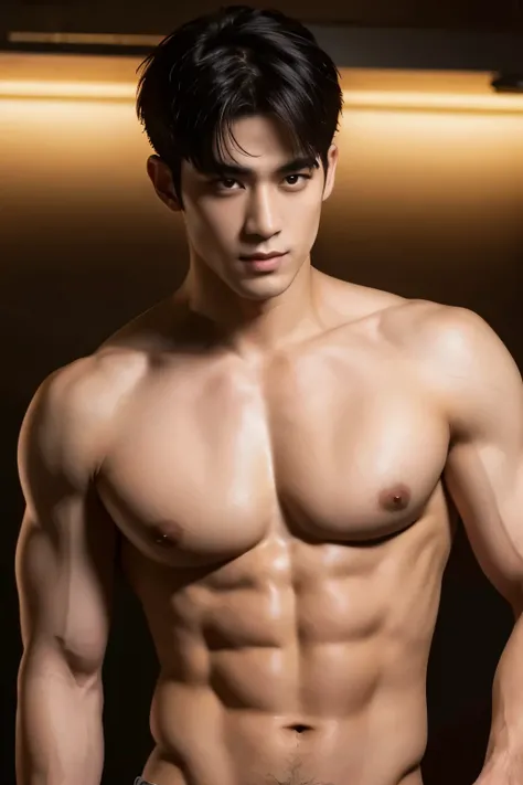 short detailed hair，Naked upper body，musculature，Black hair，serius face，Handsome boys，