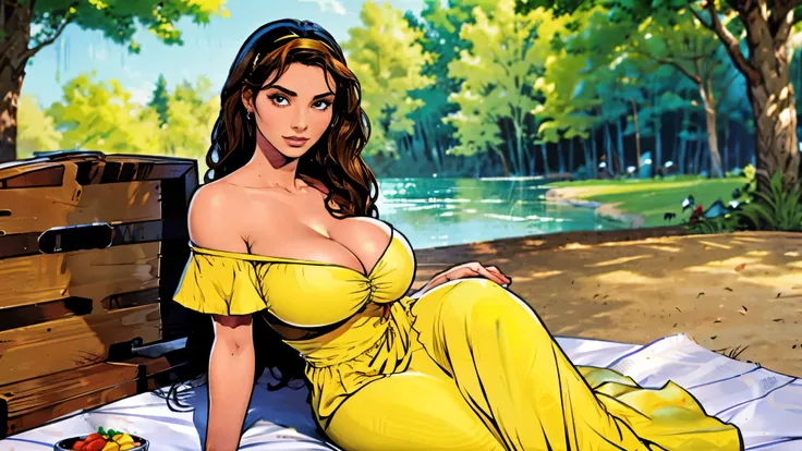 Gorgeous and sultry busty athletic (thin) brunette with sharp facial features and a (large nose) and (huge boobs) wearing a pale yellow off-shoulder ruffled sundress, hairband, long dress, skindentation, cleavage, park, lake, picnic