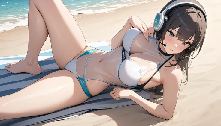 ((Top Quality)), ((Masterpiece)), (Detail), perfect face, sitting on the beach, listening to music, girl, wearing headphones, wearing swimsuit, swimsuit is transparent, sitting with legs spread, wearing tight clothes Yes , buttocks and breasts are exposed.