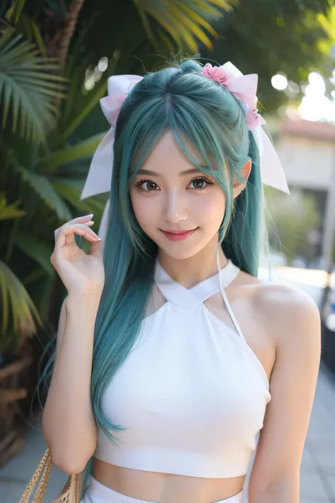 cosplayer,chica,joven,edad_20,buena_figura,en_un_evento,con_personas_de_fondo,mirando_a_la_camara,sonriendo,con_cabello_de_hatsune_miku,tetas_grandes,cintura_ancha,en_forma,evento_de_anime,dientes_perfectos,boca_perfecta,ojos_perfectos,manos_perfectas,sonr...