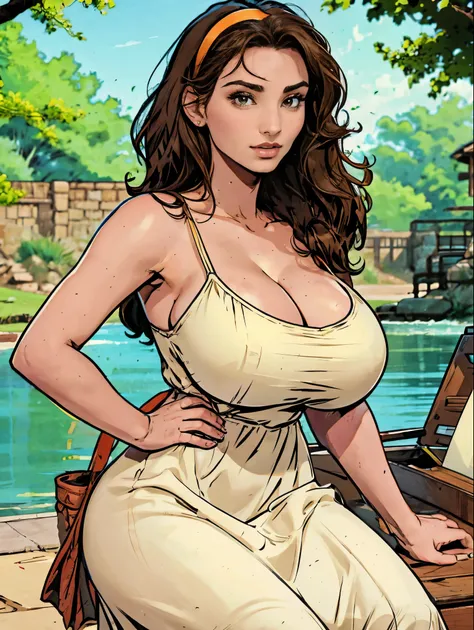 Gorgeous and sultry busty athletic (thin) brunette with sharp facial features and a (large nose) and (huge boobs) wearing a pale yellow sundress, hairband, long dress, skindentation, cleavage, park, lake, picnic