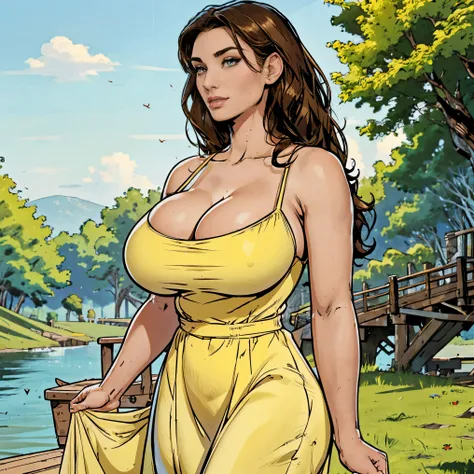 Gorgeous and sultry busty athletic (thin) brunette with sharp facial features and a (large nose) and (huge boobs) wearing a pale yellow sundress, long dress, skindentation, cleavage, park, lake, picnic