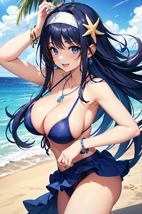 highest quality、Best image quality、masterpiece、beautiful girl、Navy blue long hair、blue eyes、Navy Blue Bikini、Big cleavage、(Big Breasts)、smile、blue necklace、Blue Earrings、background(Beach)、Sexy pose、Please open your mouth wide、White headband、angle(From the ...