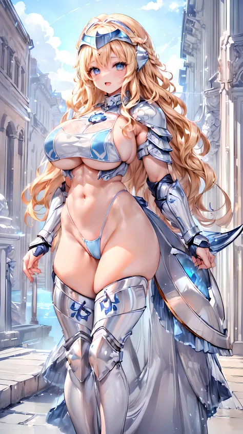 (Adult female:1.5)、Very detailed、highest quality、Best image quality、masterpiece、8k、Anime Face、A kind smile、(Open your mouth:1.3)、Sparkling blue eyes、(Blonde Wavy Hair:1.5)、(muscle:1.3)、(highleg:1.5)、Thigh belt、(Wearing white bikini armor:1.5)、(Cowboy Shot:...