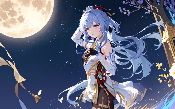 girl standing in front of the full moon，keqing from genshin impact, ayaka genshin impact background（full moon，night，depth of fie...