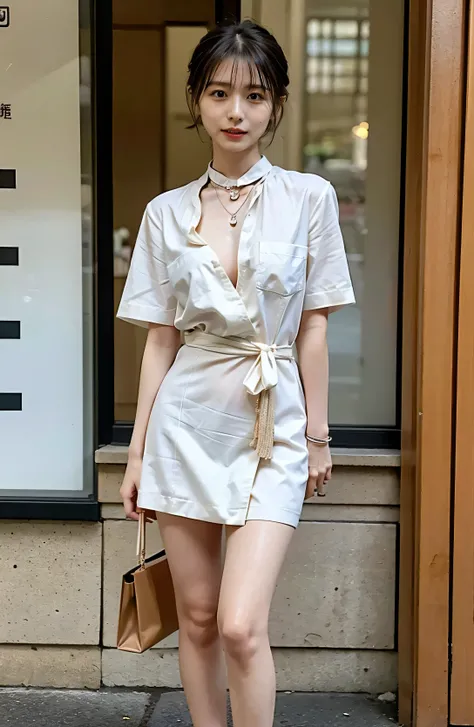 Cowboy Shot、A classy white collared shirt、Elegant attire、A luxurious bag、In front of a stylish cafe、A lovely smile、（（Nagoya street corner））、Full body photo、ring、Luxurious clothing、Short skirt、Tuck your hair behind one ear、Silver Necklace、smile、 elegant pon...