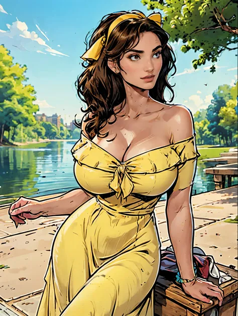 Gorgeous and sultry busty athletic (thin) brunette with sharp facial features and a (large nose) and (huge boobs) wearing a pale yellow off-shoulder ruffled sundress, hairband, long dress, skindentation, cleavage, park, lake, picnic