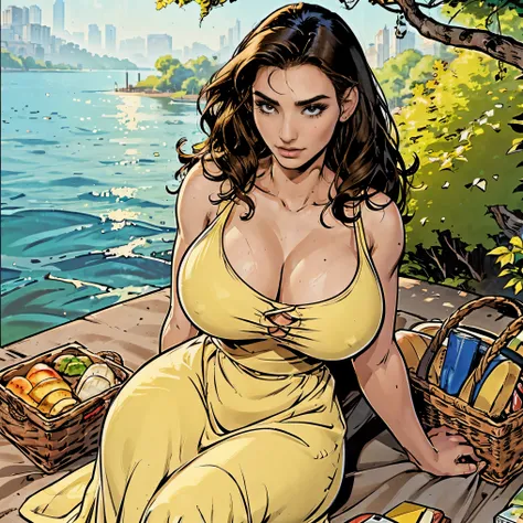 Gorgeous and sultry busty athletic (thin) brunette with sharp facial features and a (large nose) and (huge boobs) wearing a pale yellow sundress, long dress, skindentation, cleavage, park, lake, picnic