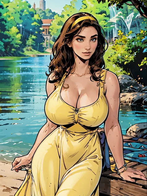 Gorgeous and sultry busty athletic (thin) brunette with sharp facial features and a (large nose) and (huge boobs) wearing a pale yellow sundress, hairband, long dress, skindentation, cleavage, park, lake, picnic