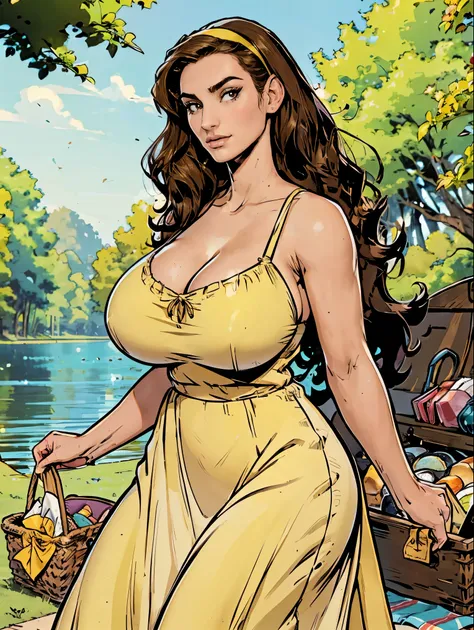 Gorgeous and sultry busty athletic (thin) brunette with sharp facial features and a (large nose) and (huge boobs) wearing a pale yellow sundress, hairband, long dress, skindentation, cleavage, park, lake, picnic