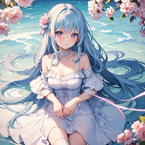 A girl，big sister，Light blue long hair，Pink Eyes，Bangs，White off-shoulder dress，Look at the camera，Simple background