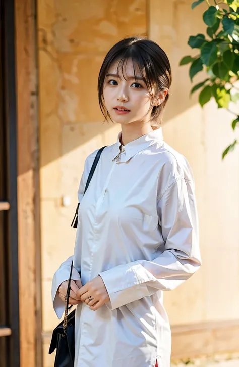 In front of a luxury apartment、Cowboy Shot、A classy white collared shirt、Elegant attire、A luxurious bag、In front of a stylish cafe、A lovely smile、（（Nagoya street corner））、Full body photo、ring、Luxurious clothing、Short skirt、Tuck your hair behind one ear、Sil...