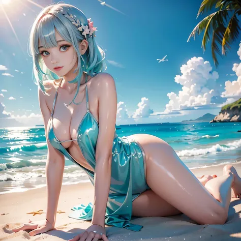 (flat sitting on the beach),full body,low angle,from below,((both arms down)),(pink elegant one piece swimsuit),((1girl,cute,young,semi long beautiful silver green hair,blunt bangs,beautiful eyes)),(solo),((masterpiece, highest resolution,best quality)), (...