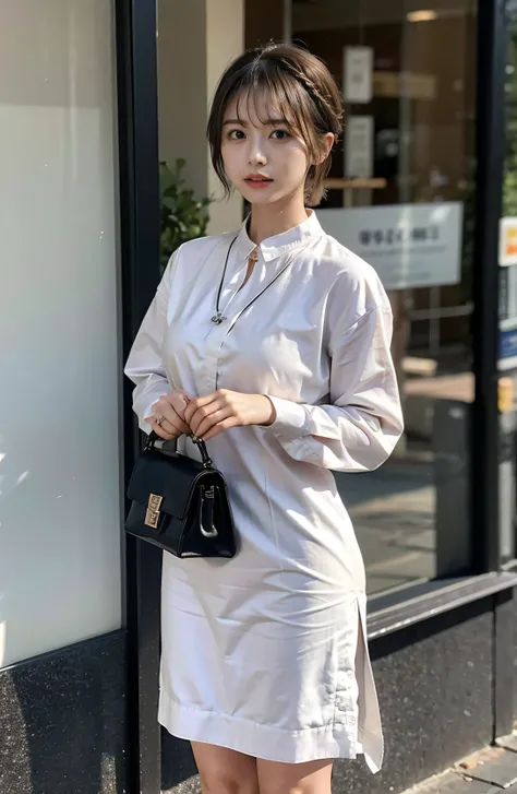 Braided hair only for the bangs、Cowboy Shot、A luxurious white silk shirt with a collar、Elegant attire、A luxurious bag、In front of a stylish cafe、A lovely smile、（（Nagoya street corner））、Full body photo、ring、Luxurious clothing、Short skirt、Tuck your hair behi...