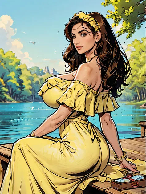 Gorgeous and sultry busty athletic (thin) brunette with sharp facial features and a (large nose) and (huge boobs) wearing a pale yellow off-shoulder ruffled sundress, hairband, long dress, park, lake, picnic