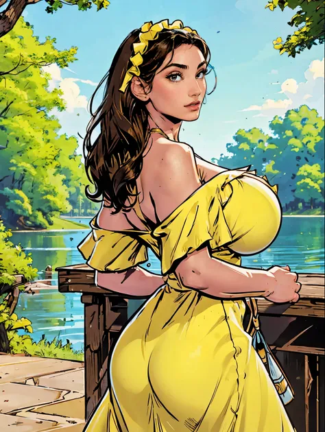 Gorgeous and sultry busty athletic (thin) brunette with sharp facial features and a (large nose) and (huge boobs) wearing a pale yellow off-shoulder ruffled sundress, hairband, long dress, park, lake, picnic