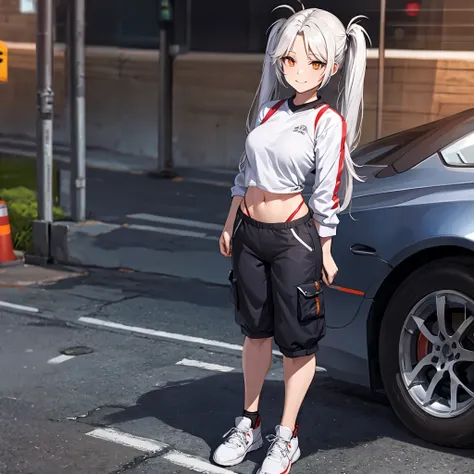 A woman wearing a custom white German flag sweatshirt, wearing white cargo pants, white sports shoes, long white hair, pigtails, red bangs, orange eyes, smiling, fullboy (solo woman) standing on a concrete road, with a custom trailer with German flag (very...