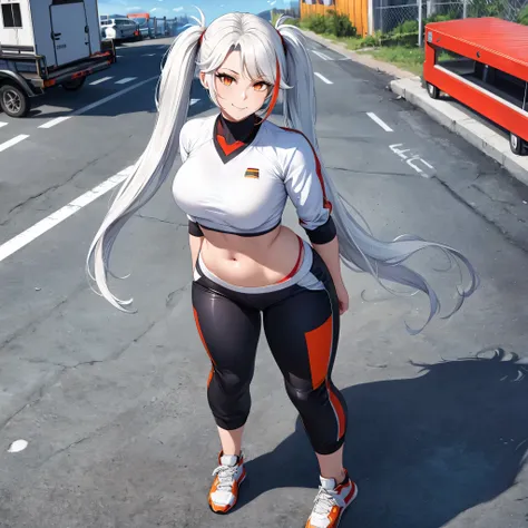 a woman wearing a custom white german flag sweatshirt, wearing white cargo pants, white sports shoes, long white hair, pigtails,...